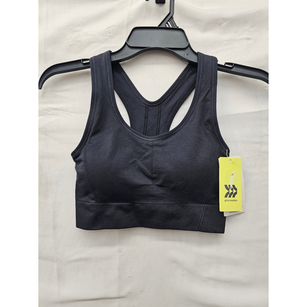 All in Motion Womens Seamless Racer Midline Sports Bra Black Nylon Size Small